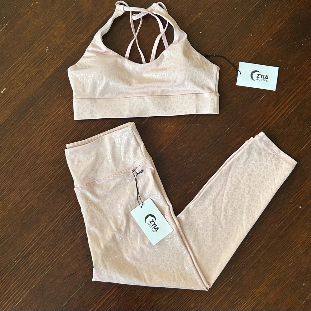 ZYIA / Light n Tight High-Rise Leggings size 12 & Strappy Sports Bra Large Pink